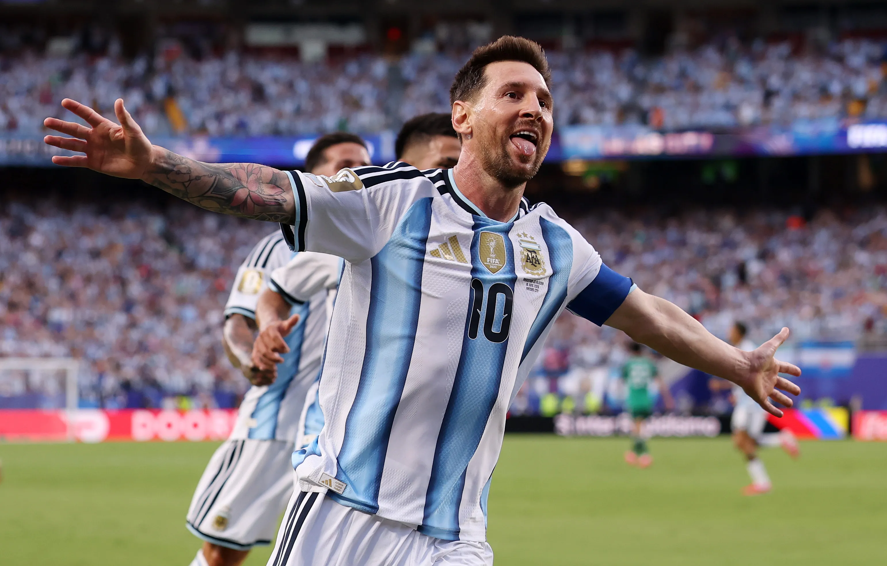KANSAS CITY, MISSOURI – JUNE 16: Lionel Messi #10 of Argentina celebrates scoring his team’s first goal during the FIFA World Cup 2026 Group J match between Argentina and Algeria at Kansas City Stadium on June 16, 2026 in Kansas City, Missouri. (Photo by Charlotte Wilson/Getty Images)