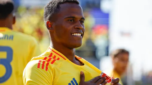EAST HARTFORD, CT – JUNE 15: Jhon Arias of Colombia touches the logo on his jersey after scoring against Bolivia during the first half of their international friendly match at Pratt & Whitney Stadium on June 15, 2024 in Hartford, Connecticut. (Photo By Winslow Townson/Getty Images)