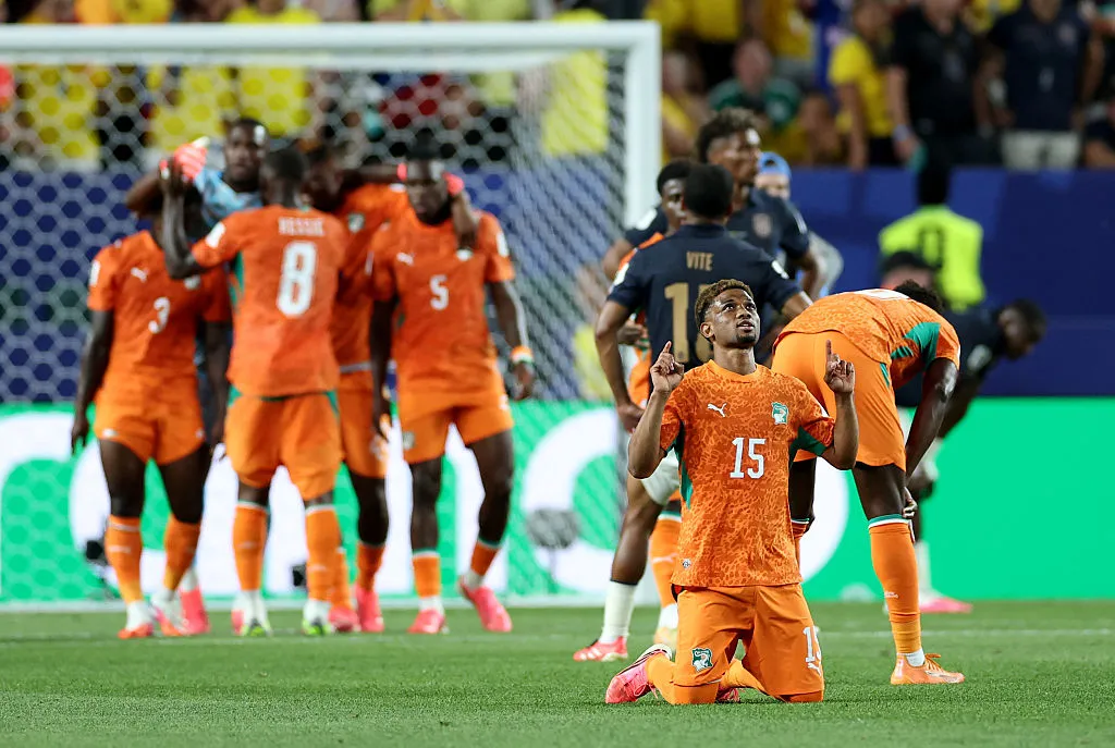 Amad Diallo #15 and players of Cote d’Ivoire celebrate the team’s 1-0 victory in the FIFA World Cup 2026 Group E match between Cote D’Ivoire and Ecuador at Philadelphia Stadium on June 14, 2026 in Philadelphia, Pennsylvania. (Photo by Al Bello/Getty Images)