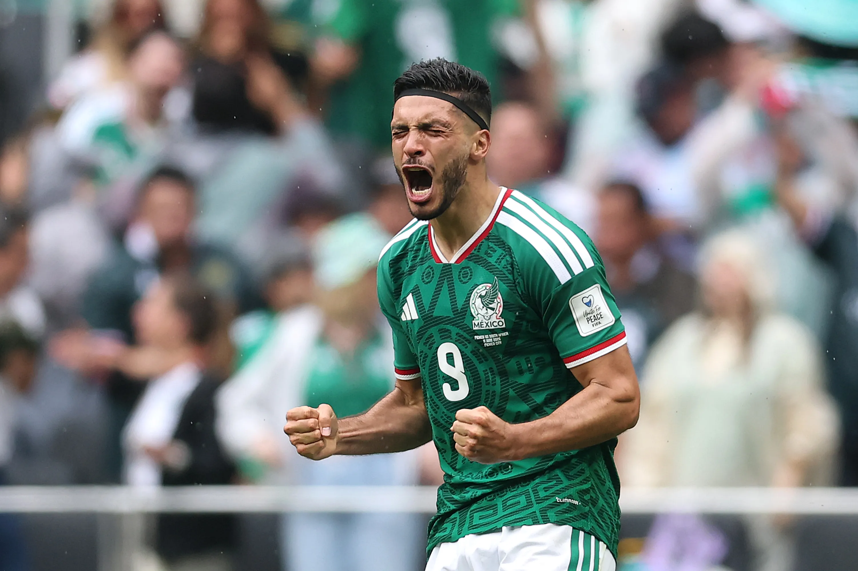 MEXICO CITY, MEXICO – JUNE 11: Raul Jimenez #9 of Mexico celebrates scoring his team’s second goal during the FIFA World Cup 2026 Group A match between Mexico and South Africa at Mexico City Stadium on June 11, 2026 in Mexico City, Mexico. (Photo by Luke Hales/Getty Images)