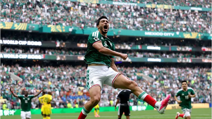 MEXICO CITY, MEXICO - JUNE 11: Raul Jimenez #9 of Mexico celebrates scoring his team's second goal during the FIFA World Cup 2026 Group A match between Mexico and South Africa at Mexico City Stadium on June 11, 2026 in Mexico City, Mexico. (Photo by Carl Recine/Getty Images)