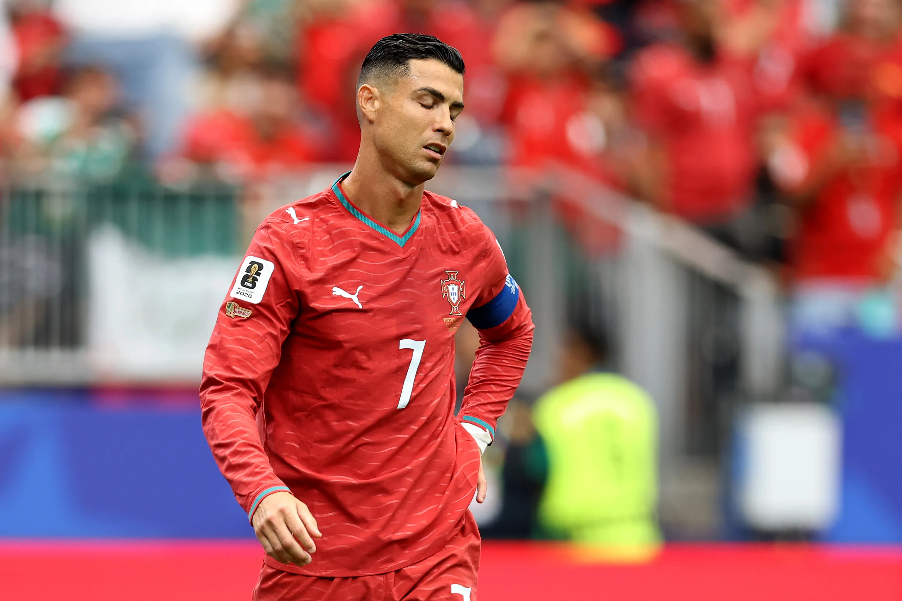 Cristiano Ronaldo #7 of Portugal reacts during the FIFA World Cup 2026 Group K match between Portugal and Congo DR at Houston Stadium on June 17, 2026 in Houston, Texas. (Photo by Molly Darlington/Getty Images)