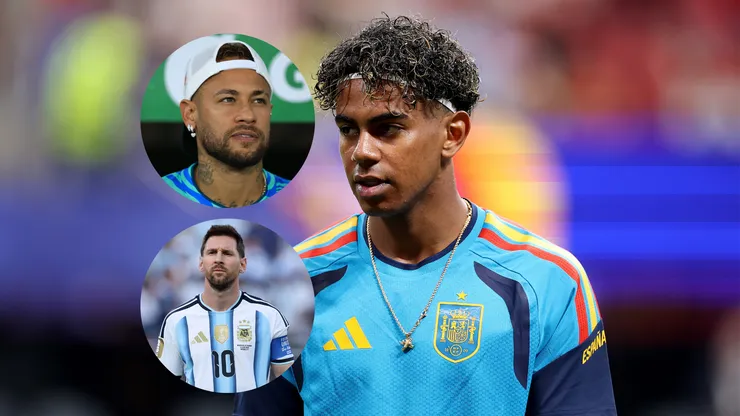 Lamine Yamal (Espanha) aquece antes de jogo contra Cabo Verde/Neymar Jr. (Brasil) perfilado para o hino antes de amistoso contra o Panamá/Lionel Messi (Argentina) na Copa do Mundo de 2026 contra a Argélia (Imagem: Florencia Tan Jun/Getty Images/Buda Mendes/Getty Images/Michael Steele/Getty Images)