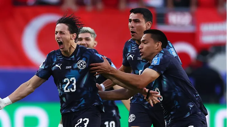 SANTA CLARA, CALIFORNIA - JUNE 19: Matias Galarza #23 of Paraguay celebrates with teammates after scoring the team's first goal during the FIFA World Cup 2026 Group D match between Türkiye and Paraguay at San Francisco Bay Area Stadium on June 19, 2026 in Santa Clara, California. (Photo by Dean Mouhtaropoulos/Getty Images)