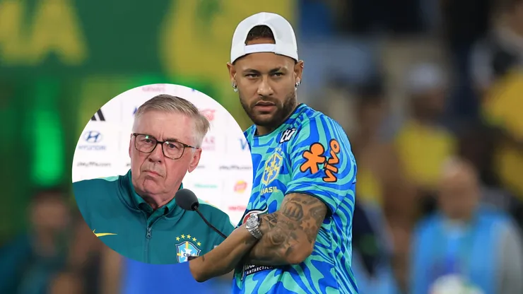 Carlo Ancelotti, técnico do Brasil, fala com a imprensa em coletiva antes do jogo contra o Marrocos/Neymar Jr. (Brasil) reage antes de amistoso contra o Panamá (Imagem: Buda Mendes/Getty Images/Darrian Traynor/Getty Images)
