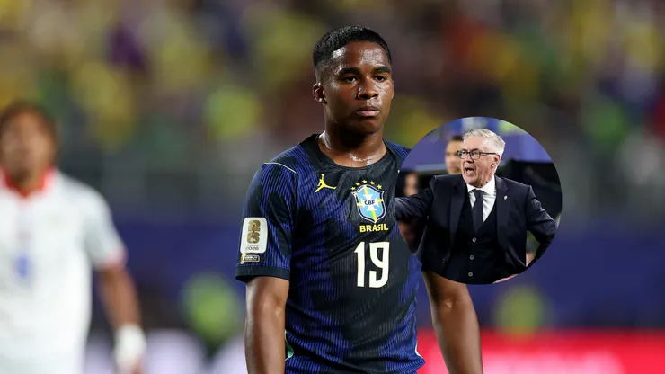 Endrick #19 (Brasil) observa o jogo contra o Haiti/Carlo Ancelotti, técnico do Brasil, reage durante a partida contra o Haiti (Imagem: Dan Mullan/Getty Images)