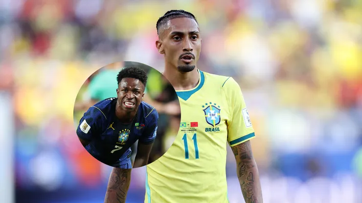 Raphinha #11 (Brasil) durante o jogo contra o Marrocos pela Copa do Mundo de 2026 / Vinicius Junior #7 (Brasil) reage durante a partida contra o Haiti pela Copa do Mundo de 2026 (Foto: Dan Mullan/Getty Images)
