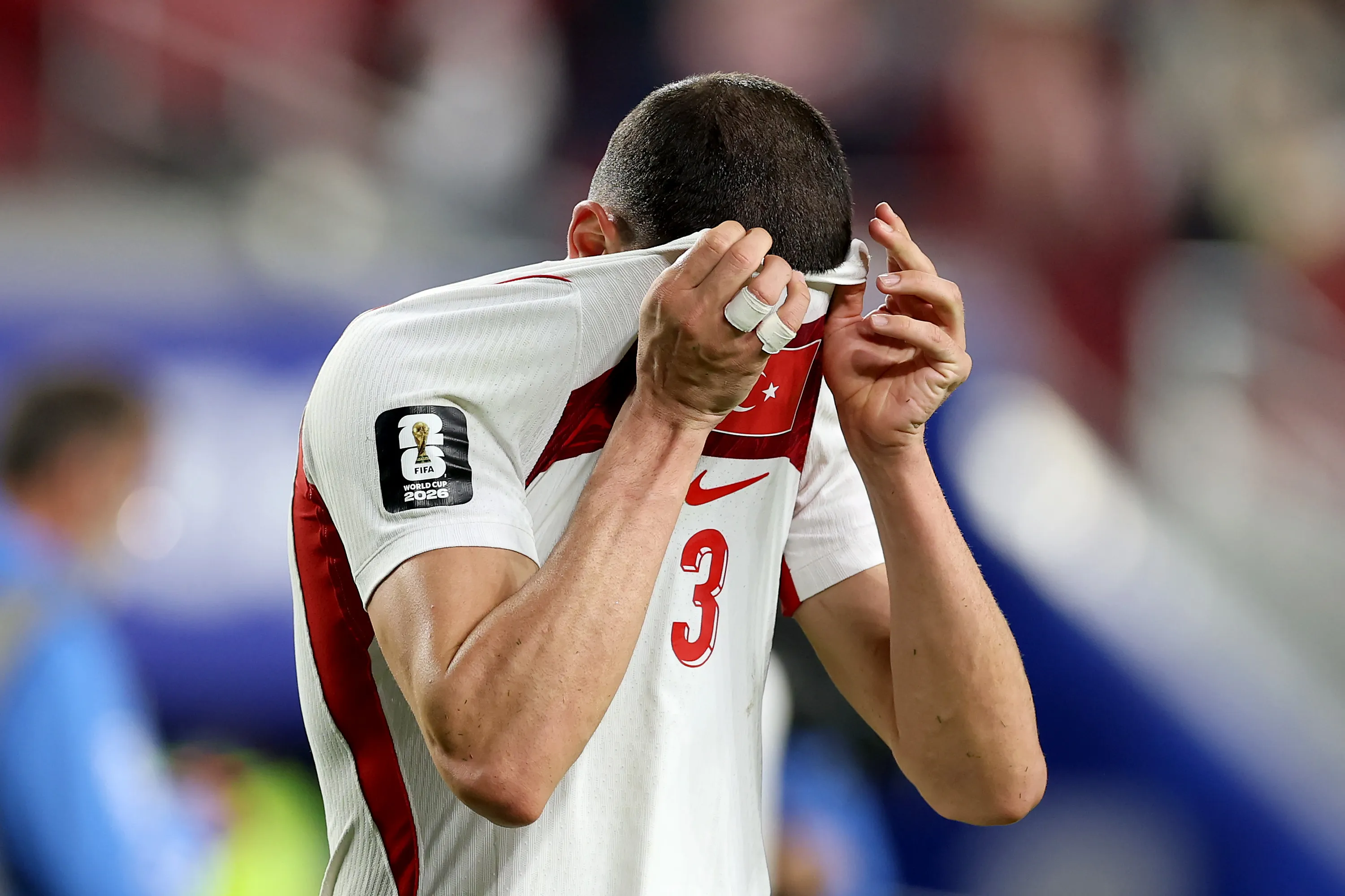 SANTA CLARA, CALIFORNIA – JUNE 19: Merih Demiral #3 of Turkiye reacts after the 0-1 loss during the FIFA World Cup 2026 Group D match between Türkiye and Paraguay at San Francisco Bay Area Stadium on June 19, 2026 in Santa Clara, California. (Photo by Richard Heathcote/Getty Images)