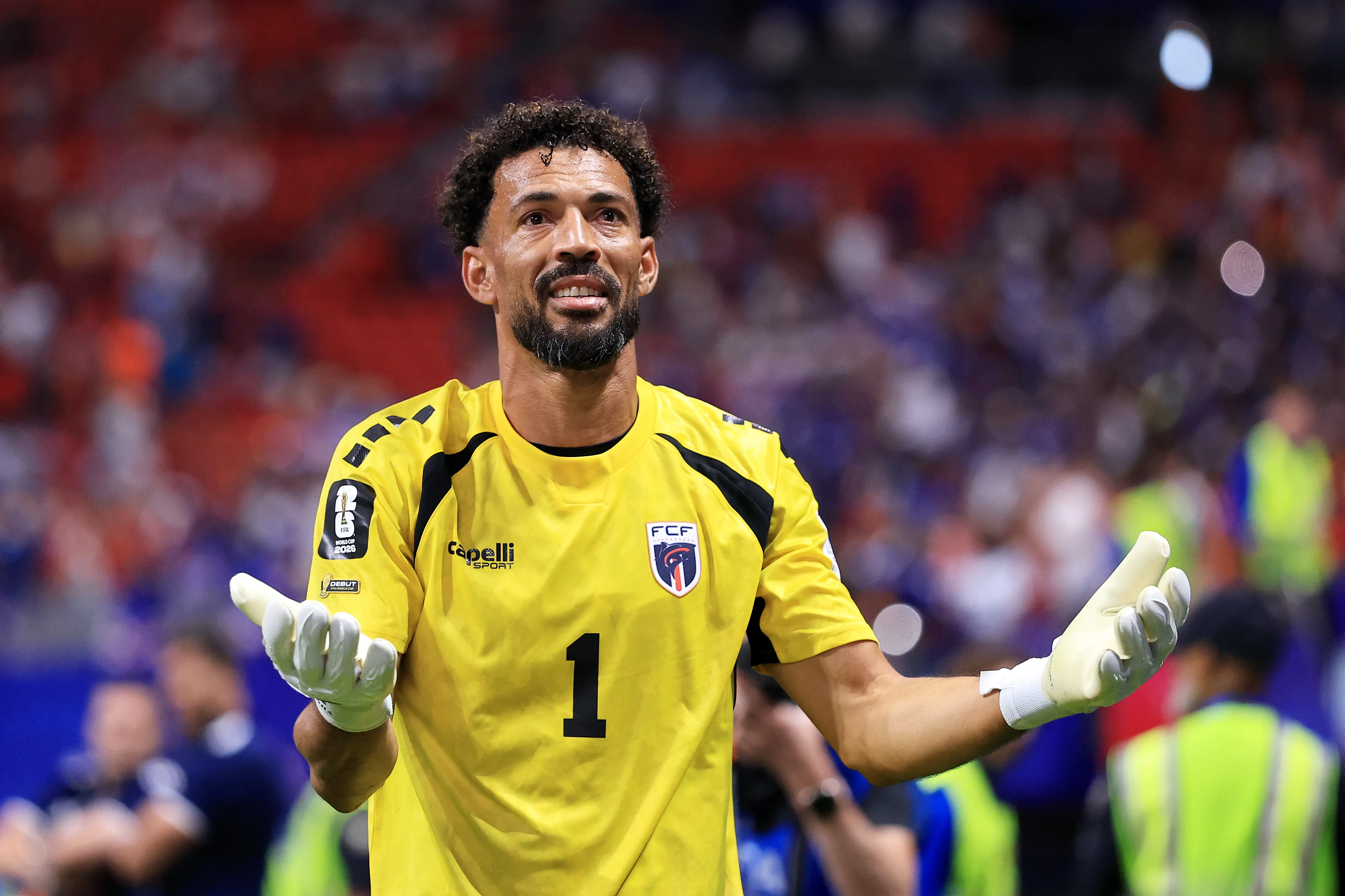 ATLANTA, GEORGIA – JUNE 15: Vozinha #1 of Cabo Verde applaud fans after the 0-0 draw during the FIFA World Cup 2026 Group H match between Spain and Cabo Verde at Atlanta Stadium on June 15, 2026 in Atlanta, Georgia. (Photo by Buda Mendes/Getty Images)