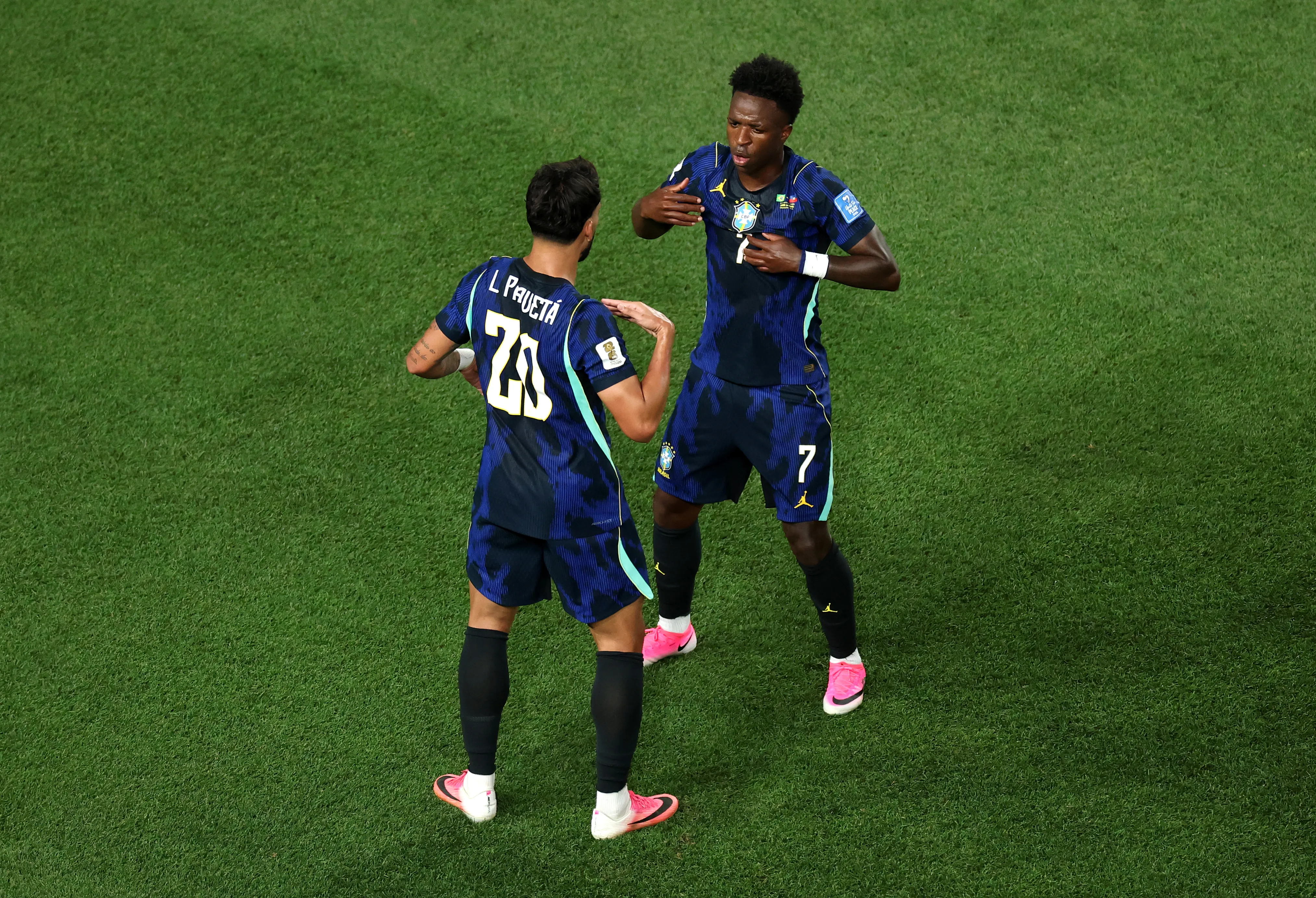 PHILADELPHIA, PENNSYLVANIA – JUNE 19: Vinicius Junior #7 of Brazil celebrates scoring his team’s third goal with Lucas Paqueta #20 during the FIFA World Cup 2026 Group C match between Brazil and Haiti at Philadelphia Stadium on June 19, 2026 in Philadelphia, Pennsylvania. (Photo by Kevin C. Cox/Getty Images)