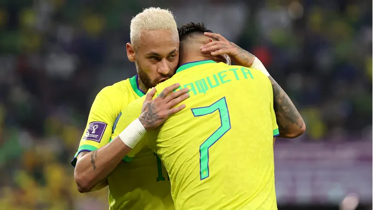 DOHA, QATAR - DECEMBER 05: Lucas Paqueta of Brazil celebrates with Neymar after scoring the team's fourth goal during the FIFA World Cup Qatar 2022 Round of 16 match between Brazil and South Korea at Stadium 974 on December 05, 2022 in Doha, Qatar. (Photo by Francois Nel/Getty Images)