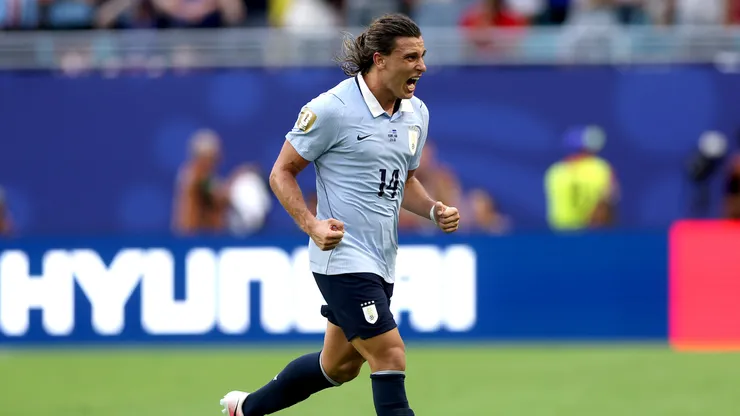 MIAMI GARDENS, FLORIDA - JUNE 21: Agustin Canobbio #14 of Uruguay celebrates scoring his team's second goal during the FIFA World Cup 2026 Group H match between Uruguay and Cabo Verde at Miami Stadium on June 21, 2026 in Miami Gardens, Florida. (Photo by Lars Baron/Getty Images)