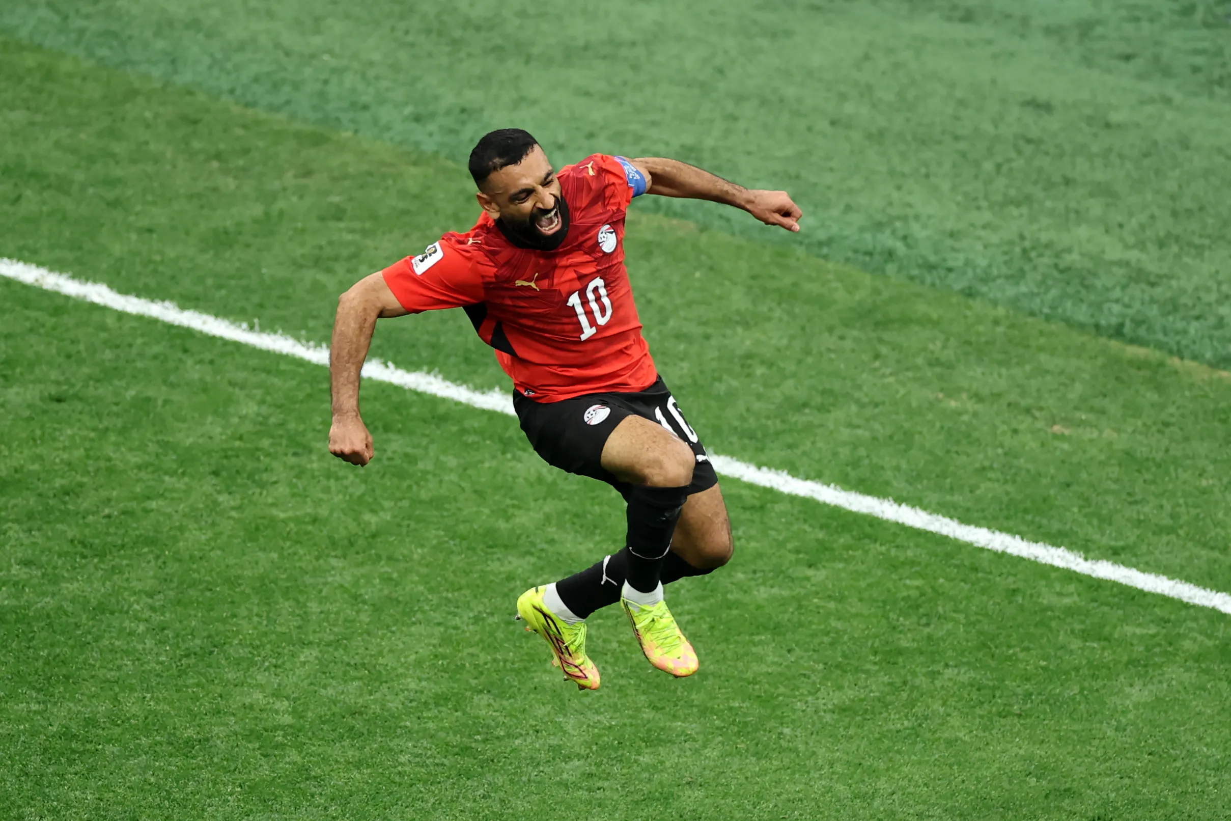 VANCOUVER, BRITISH COLUMBIA – JUNE 21: Mohamed Salah #10 of Egypt celebrates scoring his team’s second goal during the FIFA World Cup 2026 Group G match between New Zealand and Egypt at BC Place Vancouver on June 21, 2026 in Vancouver, British Columbia. (Photo by Alex Grimm/Getty Images)