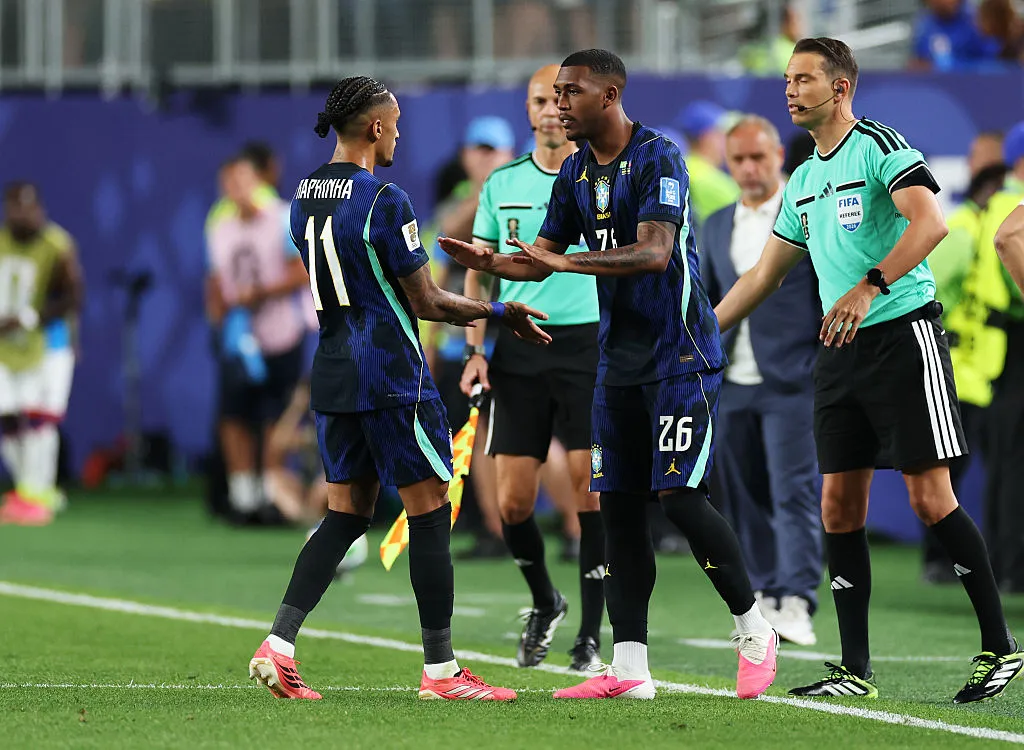 Raphinha #11 of Brazil is substituted by Rayan #26 after sustaining an injury during the FIFA World Cup 2026 Group C match between Brazil and Haiti at Philadelphia Stadium on June 19, 2026 in Philadelphia, Pennsylvania. (Photo by Dan Mullan/Getty Images)