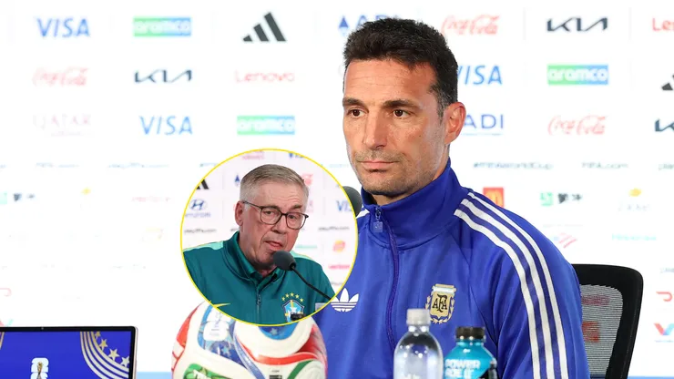 Lionel Scaloni, técnico da Argentina, fala com a imprensa em coletiva antes do jogo contra a Áustria pela Copa do Mundo de 2026 / Carlo Ancelotti, técnico do Brasil, fala com a imprensa em coletiva antes do jogo contra o Marrocos pela Copa do Mundo de 2026 (Foto: Stacy Revere/Getty Images / Darrian Traynor/Getty Images)