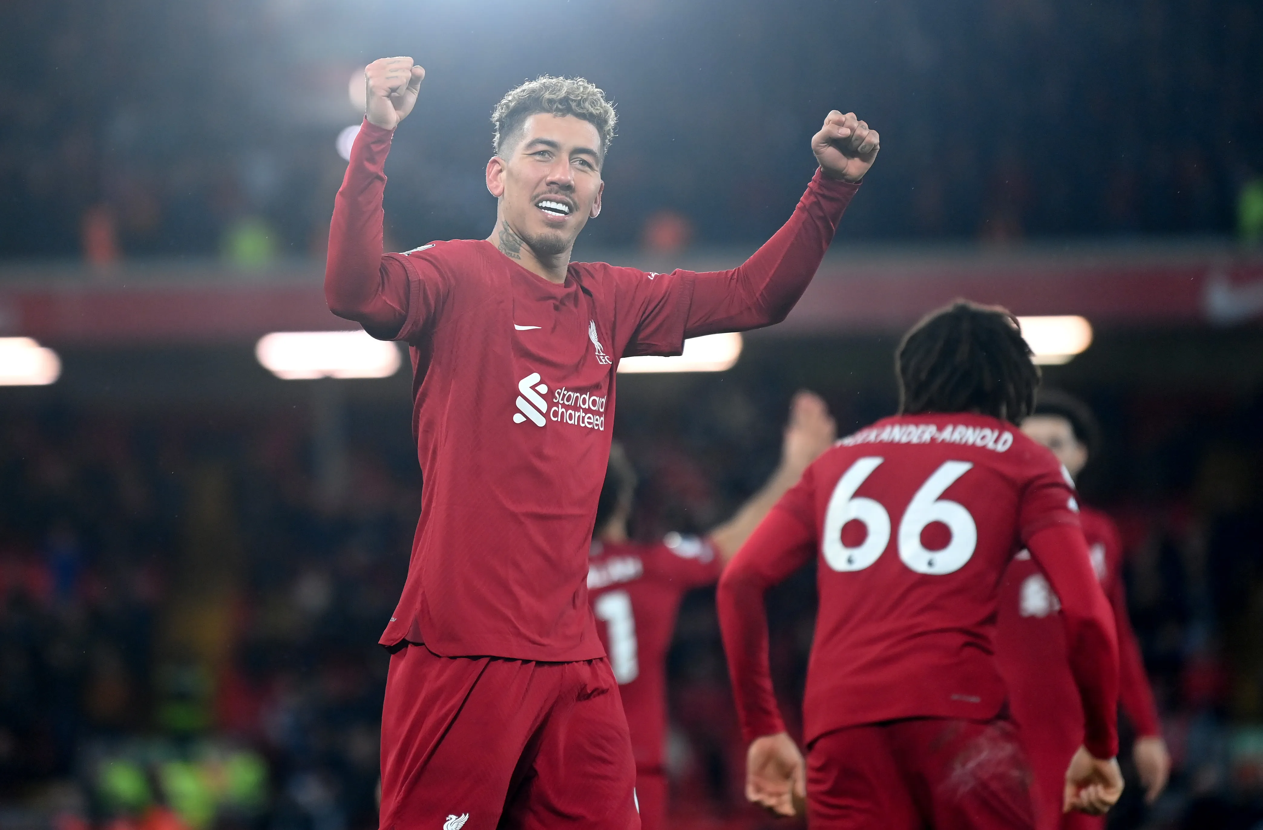 LIVERPOOL, ENGLAND – MARCH 05: Roberto Firmino of Liverpool celebrates after scoring the team’s seventh goal during the Premier League match between Liverpool FC and Manchester United at Anfield on March 05, 2023 in Liverpool, England. (Photo by Michael Regan/Getty Images)
