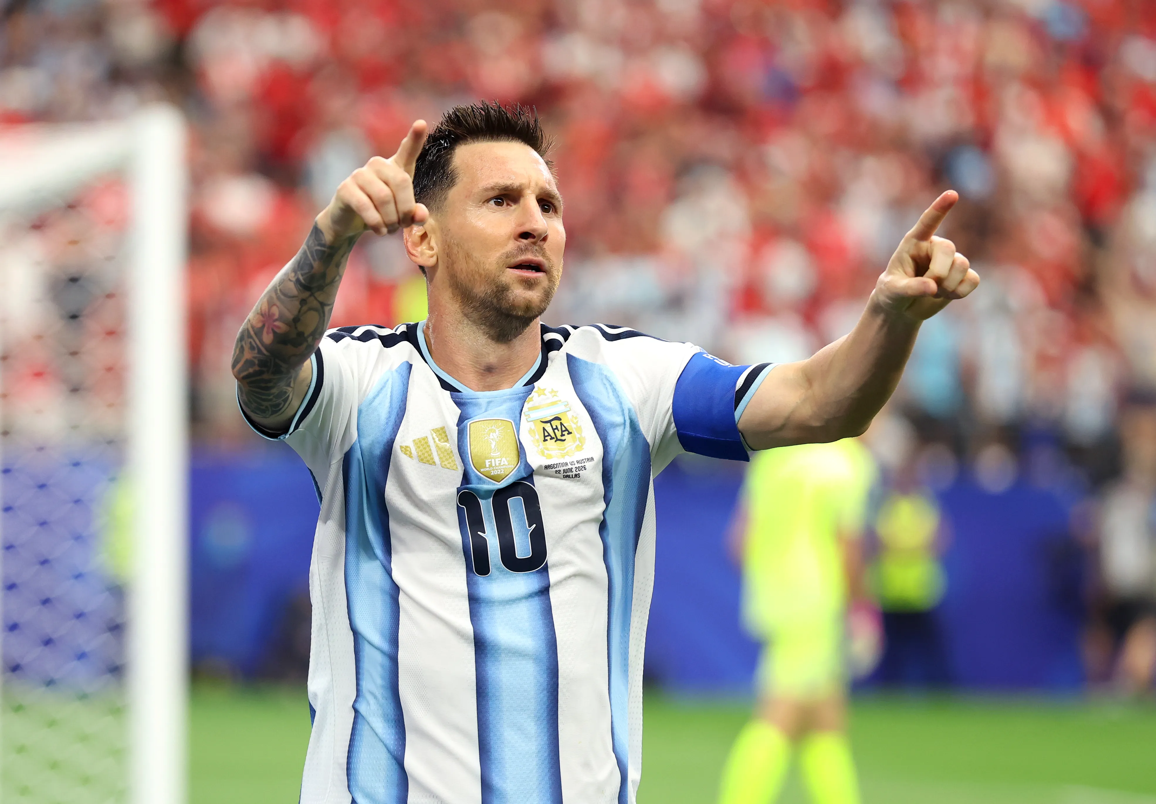 ARLINGTON, TEXAS – JUNE 22: Lionel Messi #10 of Argentina celebrates after scoring his team’s first goal during the FIFA World Cup 2026 Group J match between Argentina and Austria at Dallas Stadium on June 22, 2026 in Arlington, Texas. (Photo by Charlotte Wilson/Getty Images)
