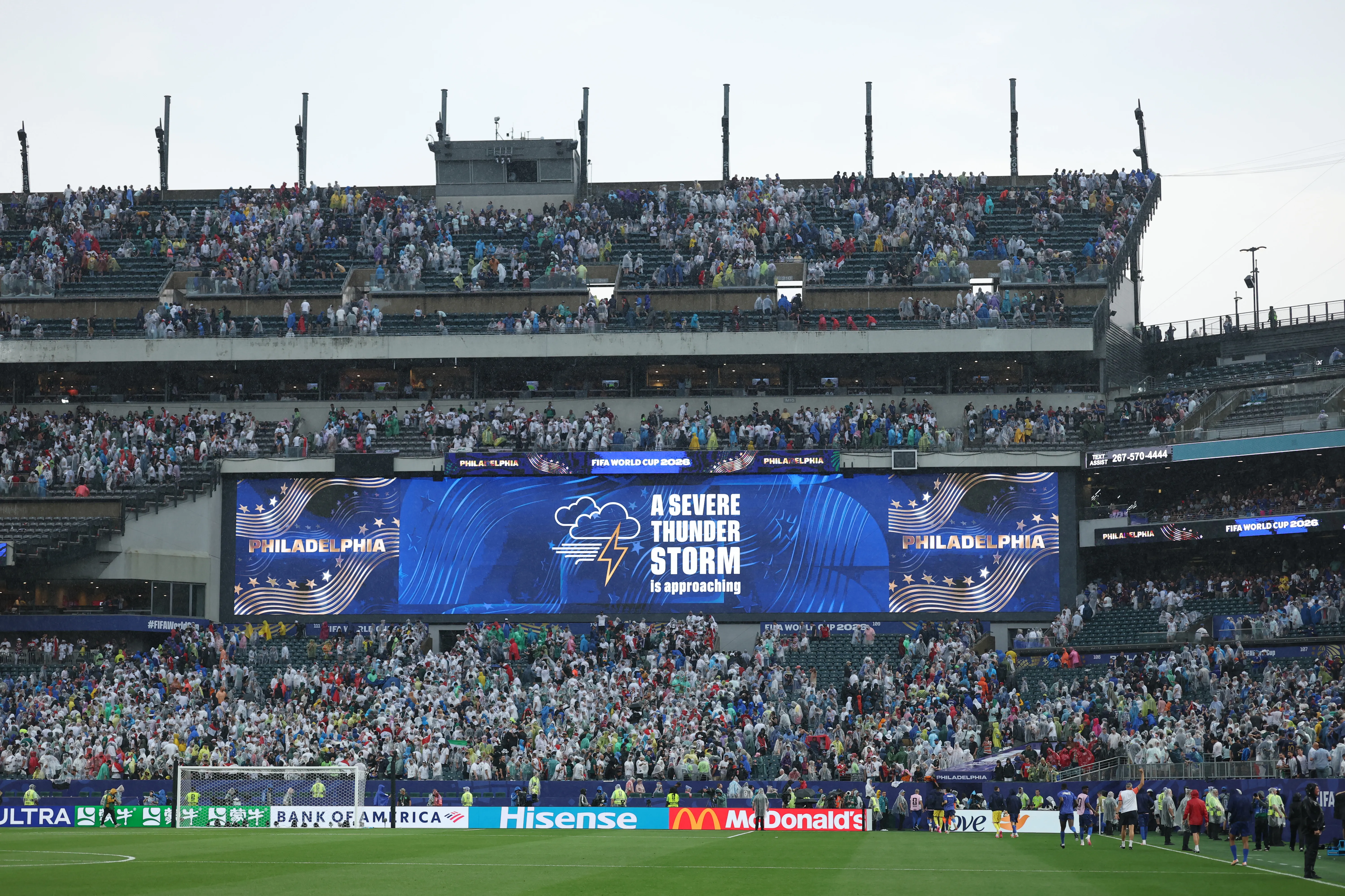 PHILADELPHIA, PENNSYLVANIA – JUNE 22: The big screen shows a weather warning during half time during the FIFA World Cup 2026 Group I match between France and Iraq at Philadelphia Stadium on June 22, 2026 in Philadelphia, Pennsylvania. (Photo by Dan Mullan/Getty Images)