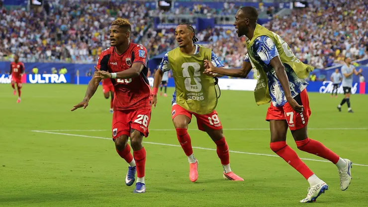 MIAMI GARDENS, FLORIDA - JUNE 21: Helio Varela #26 of Cabo Verde celebrates with teammates after scoring the team's second goal during the FIFA World Cup 2026 Group H match between Uruguay and Cabo Verde at Miami Stadium on June 21, 2026 in Miami Gardens, Florida. (Photo by Alex Slitz/Getty Images)