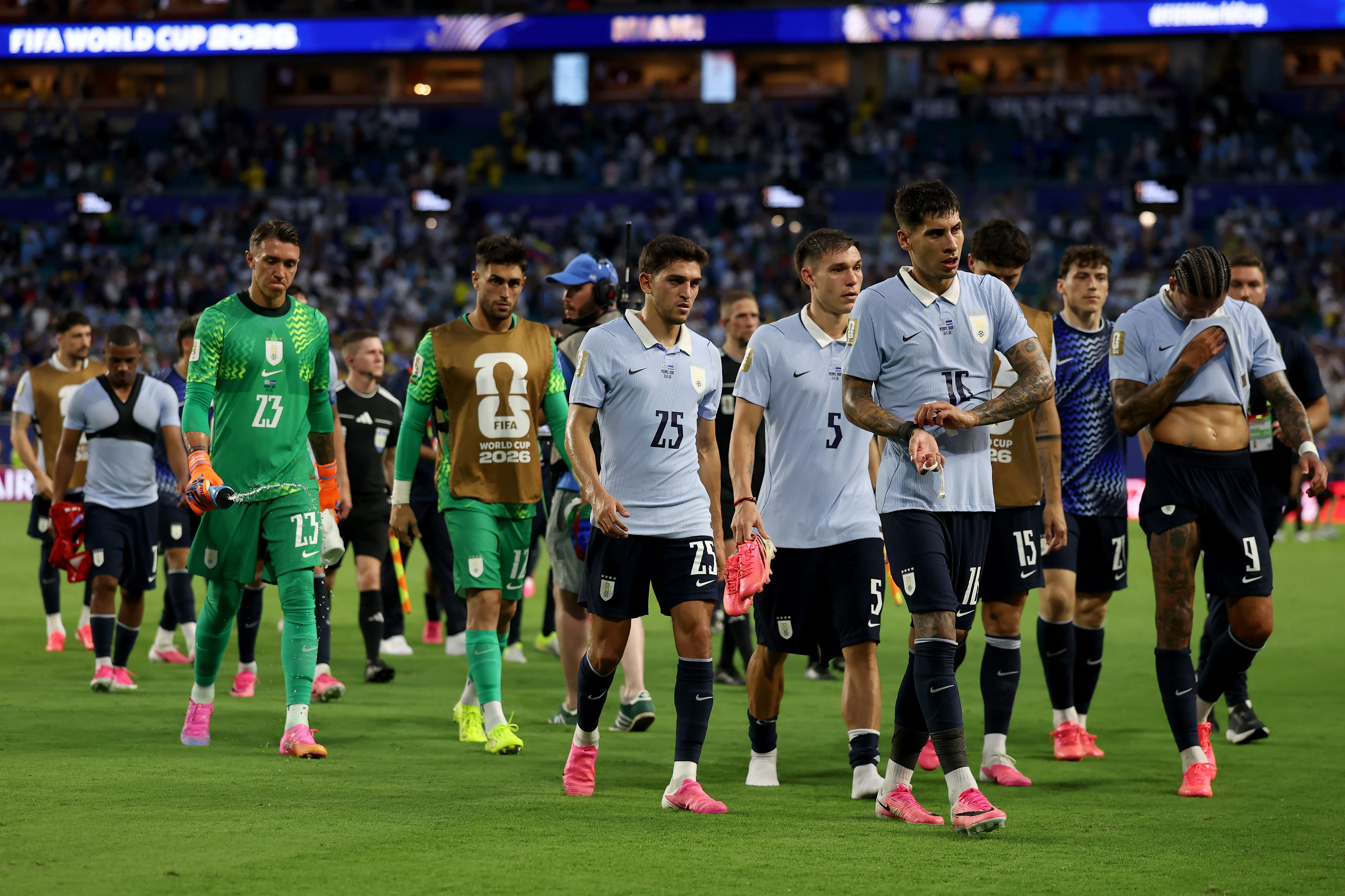 MIAMI GARDENS, FLORIDA – JUNE 21: Uruguay players react after the 2-2 draw during the FIFA World Cup 2026 Group H match between Uruguay and Cabo Verde at Miami Stadium on June 21, 2026 in Miami Gardens, Florida. (Photo by Lars Baron/Getty Images)