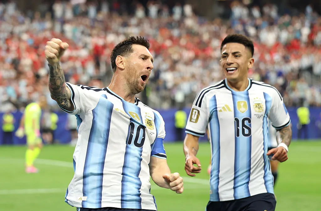 Lionel Messi #10 of Argentina celebrates after scoring his team’s first goal during the FIFA World Cup 2026 Group J match between Argentina and Austria at Dallas Stadium on June 22, 2026 in Arlington, Texas. (Photo by Charlotte Wilson/Getty Images)