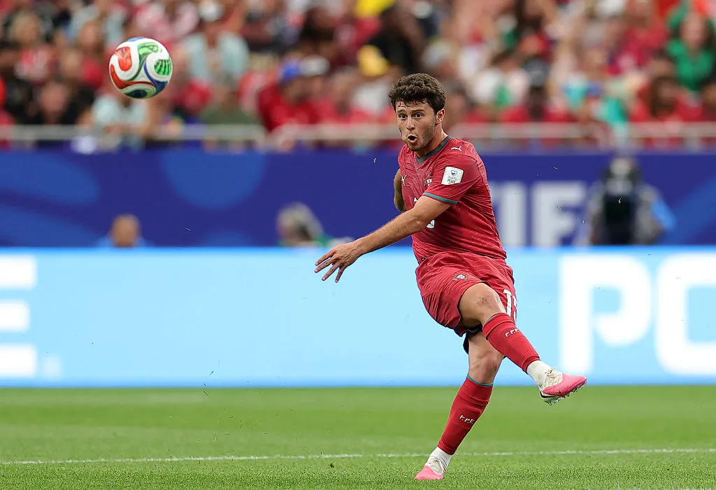 Joao Neves #15 of Portugal crosses the ball during the FIFA World Cup 2026 Group K match between Portugal and Congo DR at Houston Stadium on June 17, 2026 in Houston, Texas. (Photo by Alex Slitz/Getty Images)