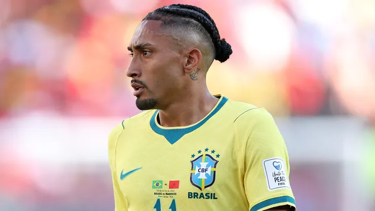 Raphinha durante confronto contra Marrocos na Copa do Mundo de 2026.