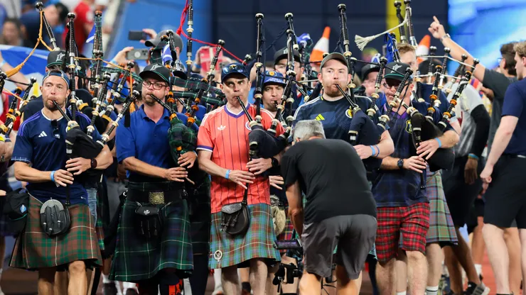 MIAMI, FLORIDA - JUNE 22: Scotland soccer fans play bagpipes before the game between the Texas Rangers and the Miami Marlins at loanDepot park on June 22, 2026 in Miami, Florida. (Photo by Sam Navarro/Getty Images)