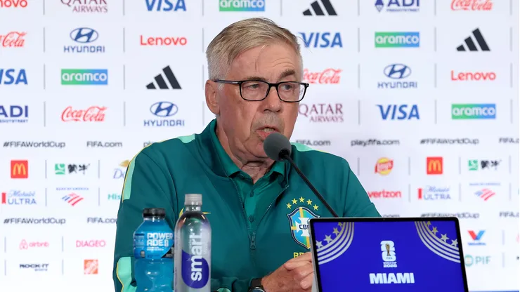 MIAMI, FLORIDA - JUNE 23: Carlo Ancelotti, Head Coach of Brazil, attends a press conference one day ahead of the FIFA World Cup 2026 Group C match between Scotland and Brazil at Miami Stadium on June 23, 2026 in Miami, Florida. (Photo by Leonardo Fernandez/Getty Images)