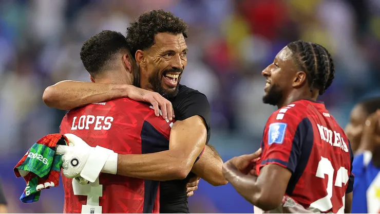 Pico Lopes #4 and Vozinha #1 of Cabo Verde embrace after the 2-2 draw during the FIFA World Cup 2026 Group H match between Uruguay and Cabo Verde at Miami Stadium on June 21, 2026 in Miami Gardens, Florida. (Photo by Alex Slitz/Getty Images)