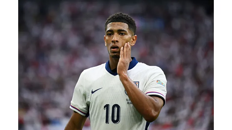GELSENKIRCHEN, GERMANY - JUNE 30: Jude Bellingham of England reacts during the UEFA EURO 2024 round of 16 match between England and Slovakia at Arena AufSchalke on June 30, 2024 in Gelsenkirchen, Germany. (Photo by Clive Mason/Getty Images)