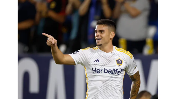 CARSON, CALIFORNIA - AUGUST 23: Gabriel Pec #11 of Los Angeles Galaxy celebrates his goal, to take a 3-0 lead, during a 3-0 Los Angeles Galaxy win over the Colorado Rapids at Dignity Health Sports Park on August 23, 2025 in Carson, California. (Photo by Harry How/Getty Images)