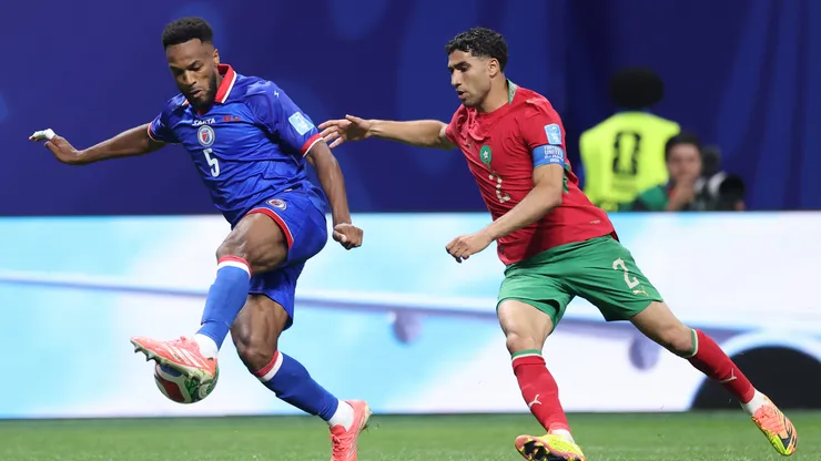 ATLANTA, GEORGIA - JUNE 24: Hannes Delcroix #5 of Haiti is challenged by Achraf Hakimi #2 of Morocco during the FIFA World Cup 2026 Group C match between Morocco and Haiti at Atlanta Stadium on June 24, 2026 in Atlanta, Georgia. (Photo by Kevin C. Cox/Getty Images)