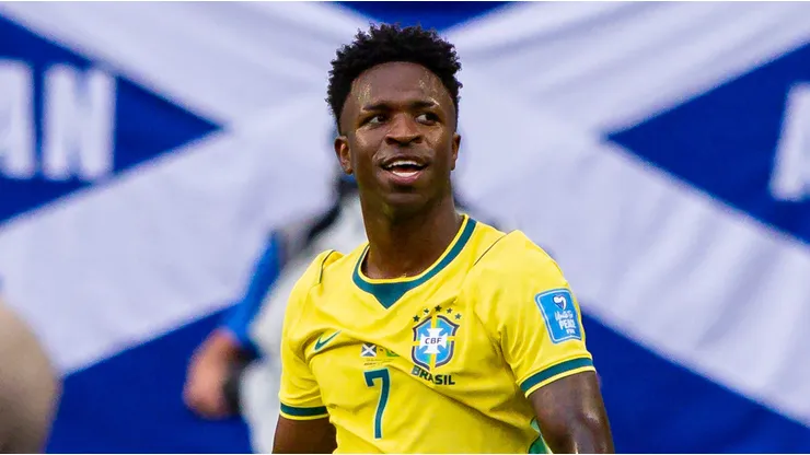 Vinicius Junior jogador do Brasil comemora seu gol durante partida contra o Escocia no estadio Miami pelo campeonato Copa Do Mundo 2026. Foto: Rodolfo Buhrer/AGIF