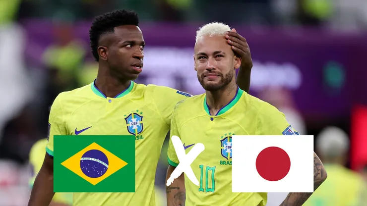 Vinicius Junior e Neymar, do Brasil, demonstram desânimo após a eliminação de suas seleções do torneio, em decorrência da derrota nos pênaltis durante a partida das quartas de final da Copa do Mundo FIFA Qatar 2022 entre Croácia e Brasil, no Estádio Cidade da Educação, em 9 de dezembro de 2022, em Al Rayyan, Catar. (Foto de Michael Steele/Getty Images)