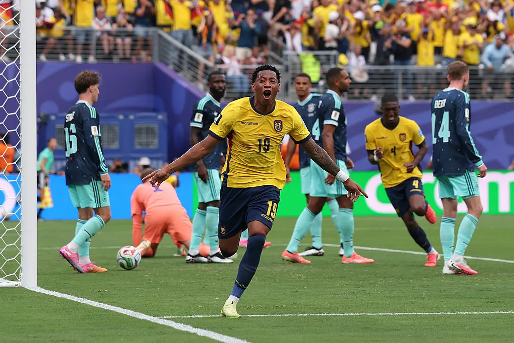 Gonzalo Plata #19 of Ecuador celebrates scoring his team’s second goal during the FIFA World Cup 2026 Group E match between Ecuador and Germany at New York New Jersey Stadium on June 25, 2026 in East Rutherford, New Jersey. (Photo by Mattia Ozbot/Getty Images)
