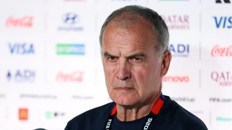 ZAPOPAN, MEXICO - JUNE 25: Marcelo Bielsa, Head Coach of Uruguay, looks on during the press conference of Uruguay one day ahead of the FIFA World Cup 2026 Group H match between Uruguay and Spain at Guadalajara Stadium on June 25, 2026 in Zapopan, Mexico. (Photo by Florencia Tan Jun/Getty Images)