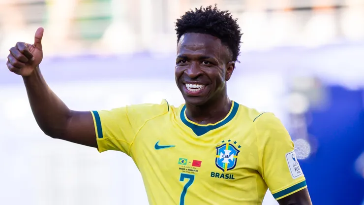 Vinicius Junior jogador do Brasil comemora seu gol durante partida contra o Marrocos no estadio MetLife Stadium pelo campeonato Copa Do Mundo 2026. Foto: Rodolfo Buhrer/AGIF