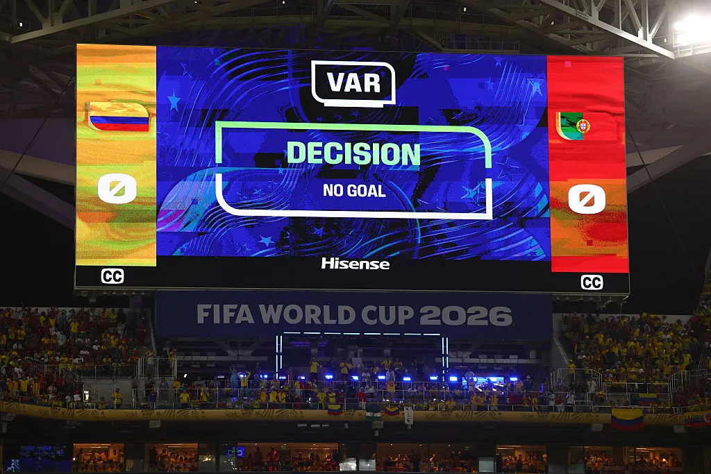 MIAMI GARDENS, FLORIDA – JUNE 27: The screen displays the decision after the VAR review on the goal of Davinson Sanchez #23 of Colombia over possible offside during the FIFA World Cup 2026 Group K match between Colombia and Portugal at Miami Stadium on June 27, 2026 in Miami Gardens, Florida. (Photo by Robert Cianflone/Getty Images)