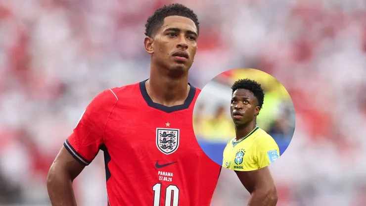 Jude Bellingham #10 (Inglaterra) observa durante a partida contra o Panamá pela Copa do Mundo de 2026 / Vinicius Junior #7 (Brasil) observa durante a partida contra a Escócia pela Copa do Mundo de 2026 (Foto: Richard Pelham/Getty Images / Megan Briggs/Getty Images)