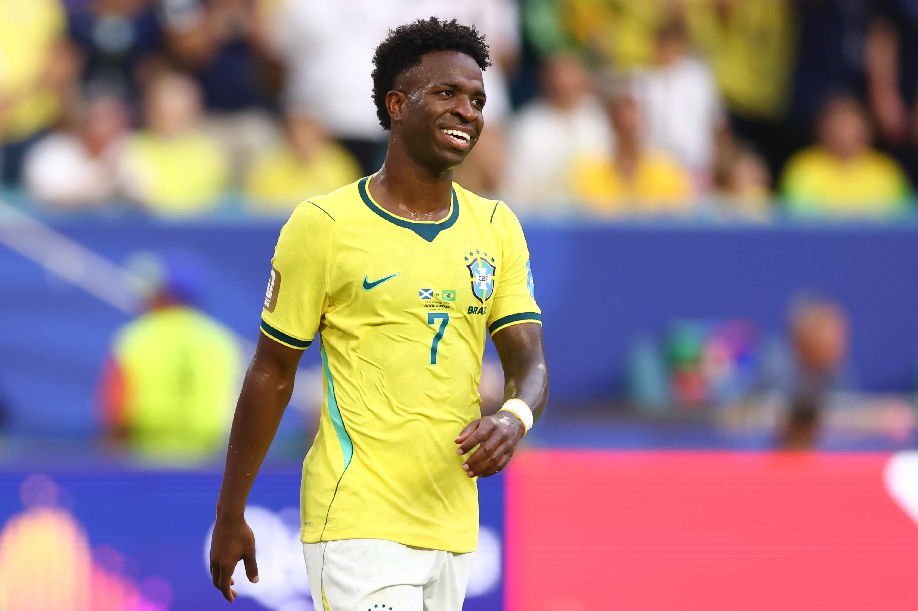 MIAMI GARDENS, FLORIDA – JUNE 24: Vinicius Junior #7 of Brazil looks on during the FIFA World Cup 2026 Group C match between Scotland and Brazil at Miami Stadium on June 24, 2026 in Miami, United States. (Photo by Megan Briggs/Getty Images)