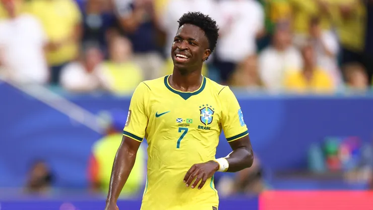 Vinicius Junior df Brasil em jogo da Copa do Mundo 2026 contra a Escócia no Miami Stadium. Foto: Megan Briggs/Getty Images