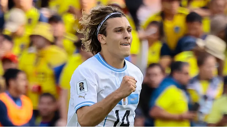 Agustin Cannobio of Uruguay celebrates after scoring the team's first goal during a FIFA World Cup 2026 Qualifier match between Ecuador and Uruguay at Rodrigo Paz Delgado Stadium on September 12, 2023 in Quito, Ecuador. (Photo by Franklin Jacome/Getty Images)