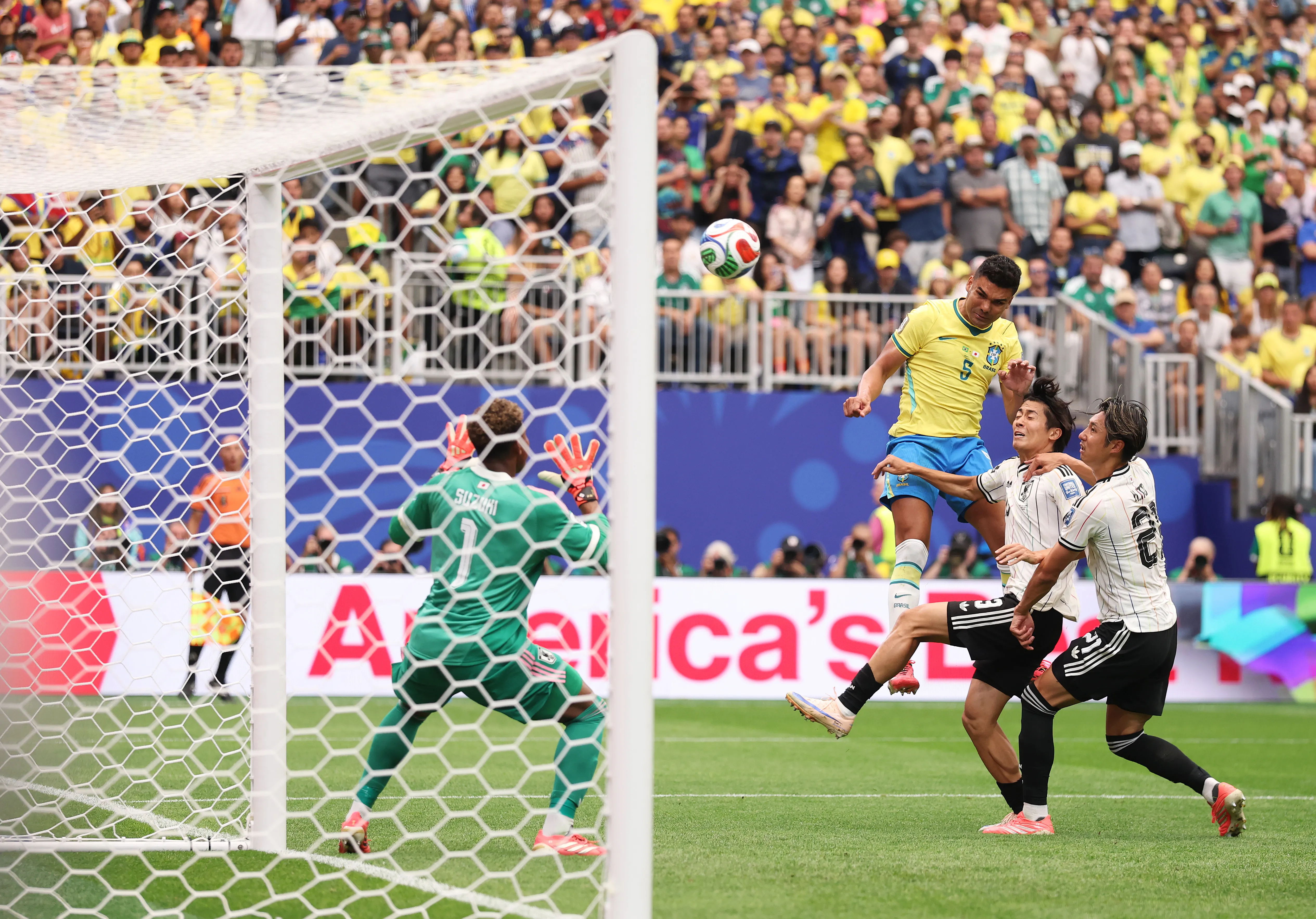 HOUSTON, TEXAS – JUNE 29: Casemiro #5 of Brazil scores his team’s first goal during the FIFA World Cup 2026 Round Of 32 match between Brazil and Japan at Houston Stadium on June 29, 2026 in Houston, Texas. (Photo by Lars Baron/Getty Images)