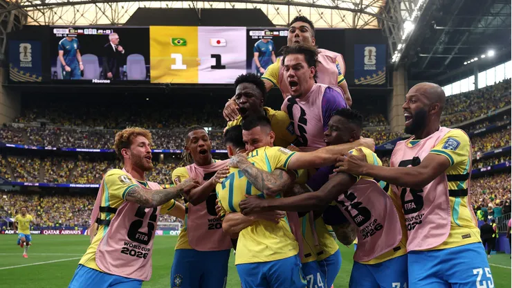 HOUSTON, TEXAS - JUNE 29: Gabriel Martinelli #22 of Brazil celebrates with teammates after scoring the team's second goal during the FIFA World Cup 2026 Round Of 32 match between Brazil and Japan at Houston Stadium on June 29, 2026 in Houston, Texas. (Photo by Lars Baron/Getty Images)