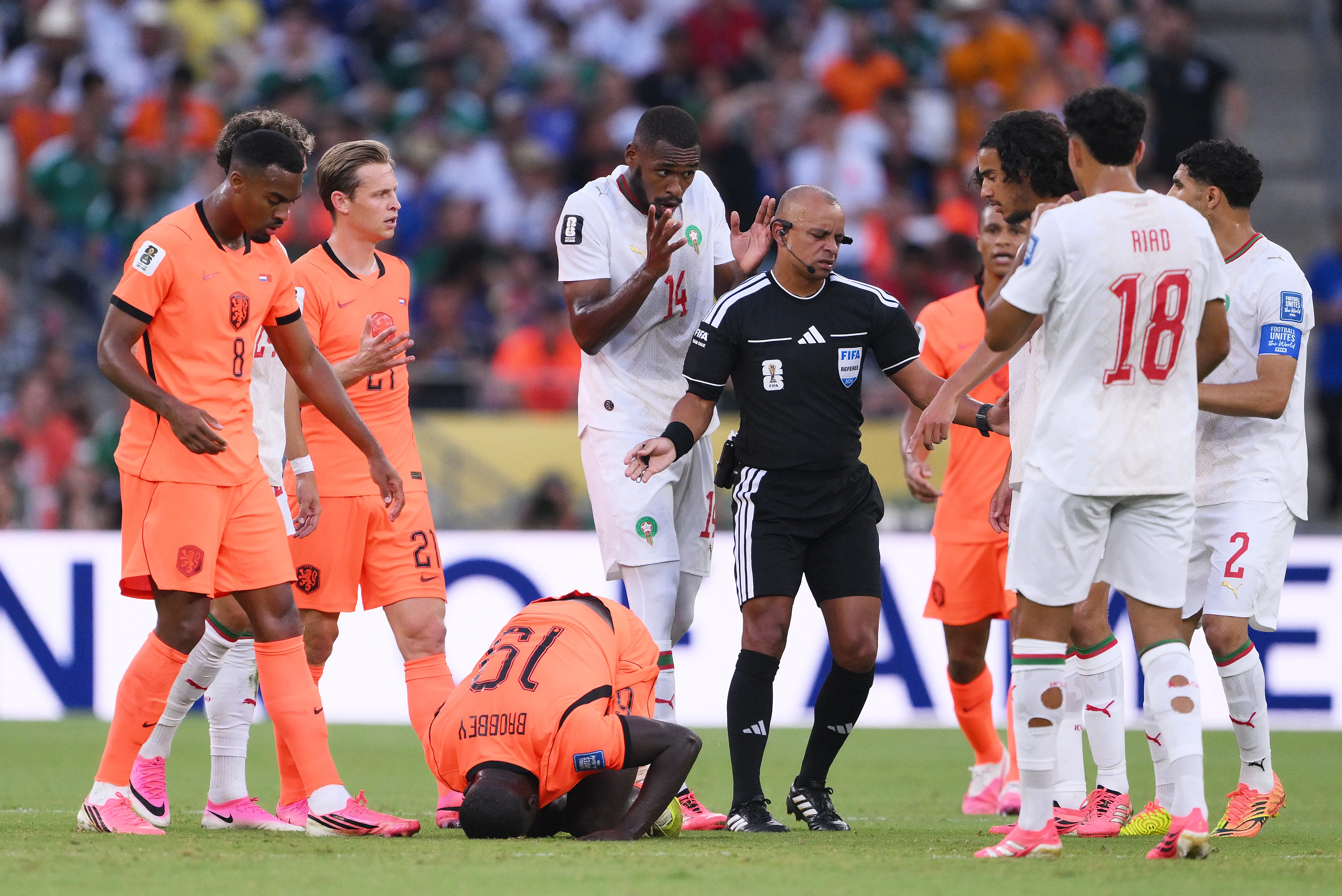 GUADALUPE, MEXICO – JUNE 29: Issa Diop #14 of Morocco talks to Referee Wilton Sampaio during the FIFA World Cup 2026 Round of 32 match between Netherlands and Morocco at Monterrey Stadium on June 29, 2026 in Guadalupe, Mexico. (Photo by David Ramos/Getty Images)