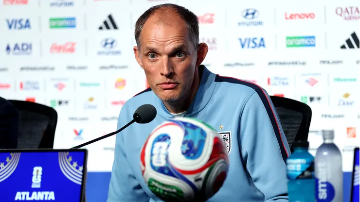 ATALANTA, GEORGIA - JUNE 30: Thomas Tuchel, Manager of England, speaks to the media during the England press conference one day ahead of the FIFA World Cup 2026 Round of 32 match between England and Congo DR on June 30, 2026 in Atalanta, Georgia. (Photo by Richard Pelham/Getty Images)