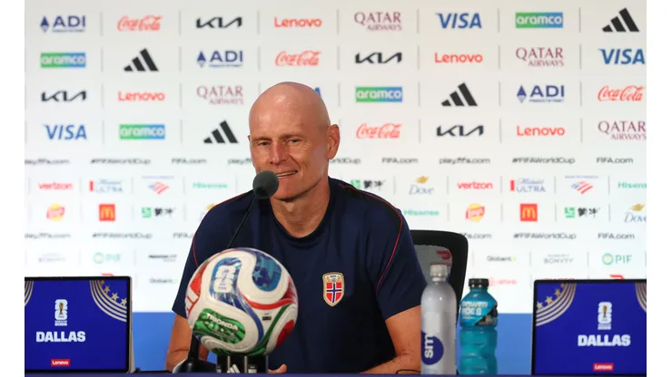 ARLINGTON, TEXAS - JUNE 29: Stale Solbakken, Head Coach of Norway, attends the press conference of Norway one day ahead of the FIFA World Cup 2026 Round Of 32 match between Cote D'Ivoire and Norway at Dallas Stadium on June 29, 2026 in Arlington, Texas. (Photo by Stacy Revere/Getty Images)