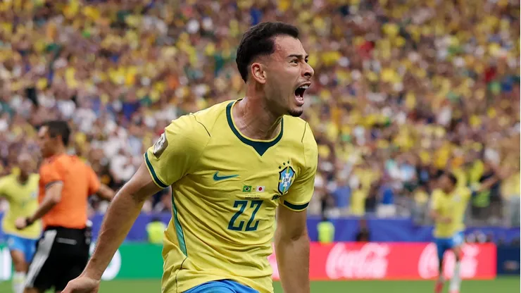 HOUSTON, TEXAS - JUNE 29: Gabriel Martinelli #22 of Brazil celebrates scoring his team's second goal during the FIFA World Cup 2026 Round Of 32 match between Brazil and Japan at Houston Stadium on June 29, 2026 in Houston, Texas. (Photo by Lars Baron/Getty Images)