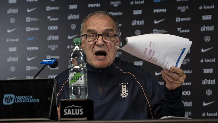 MONTEVIDEO, URUGUAY - JUNE 30: Marcelo Bielsa, head coach of Uruguay, speaks during a press conference after Uruguay's elimination from the 2026 FIFA World Cup at Centenario Stadium on June 30, 2026 in Montevideo, Uruguay. Uruguay was eliminated in the Round of 32 of the 2026 FIFA World Cup. (Photo by Ernesto Ryan/Getty Images)